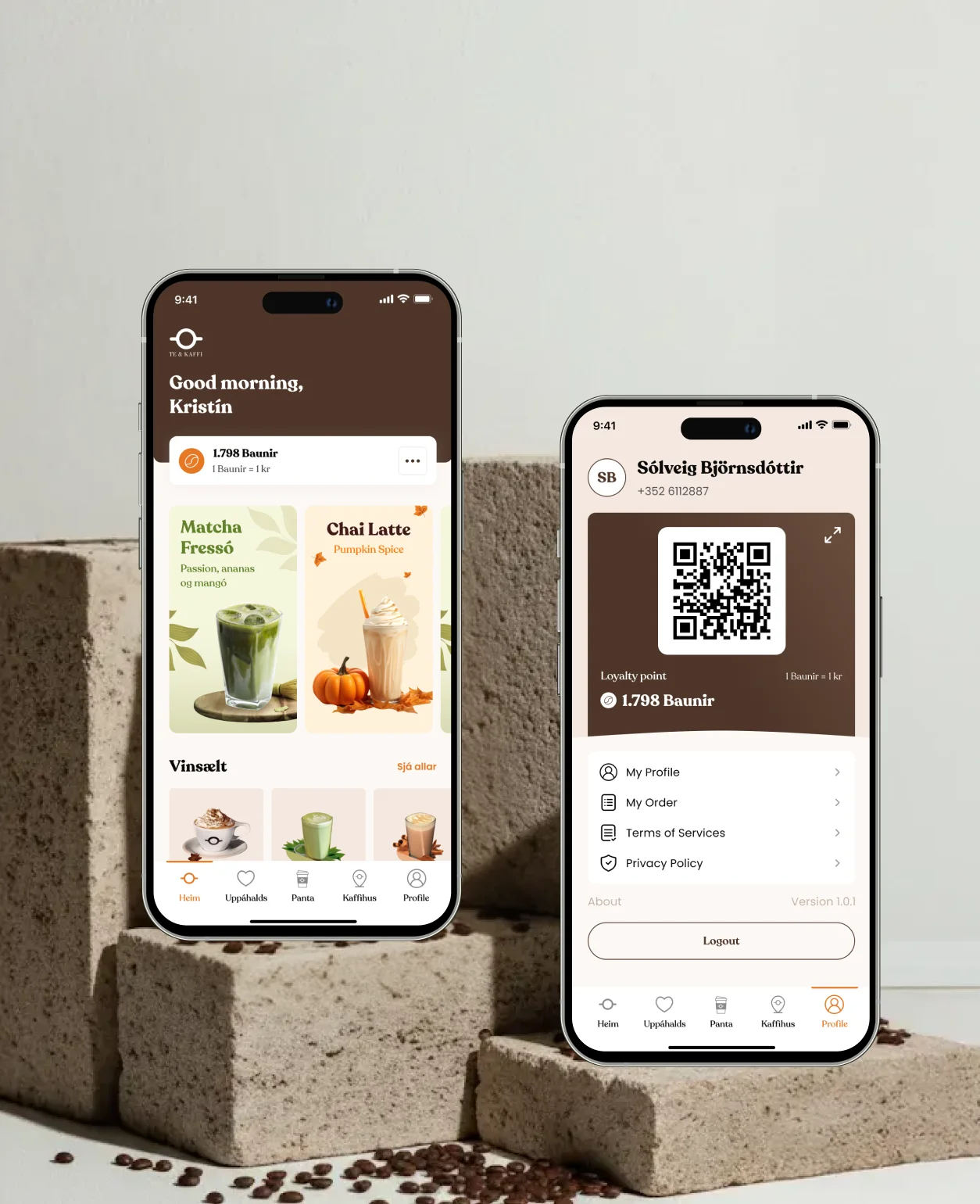 The Te og kaffi app on two phones